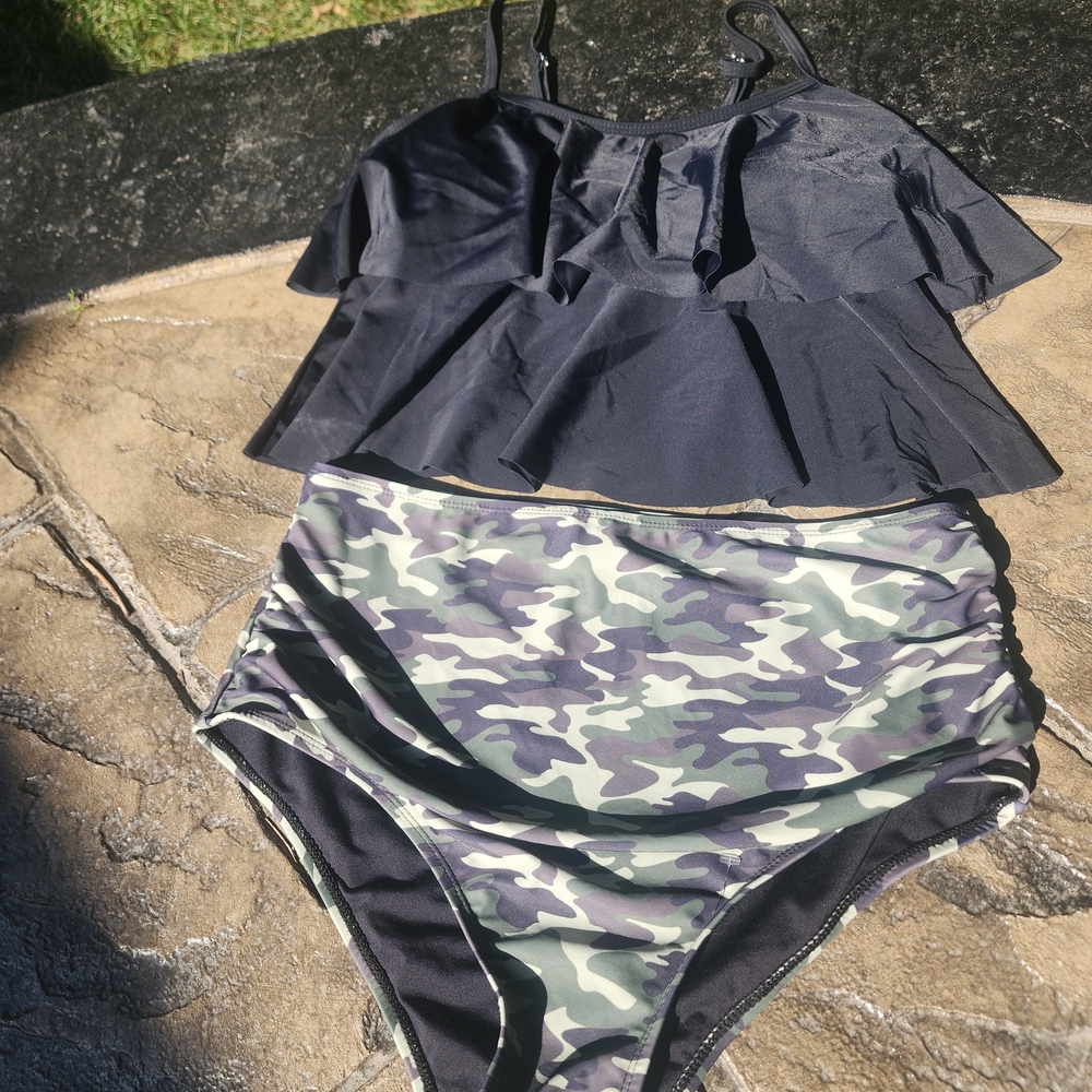 Black Ruffled Bikini Top with Camouflage High-Waisted Bottoms